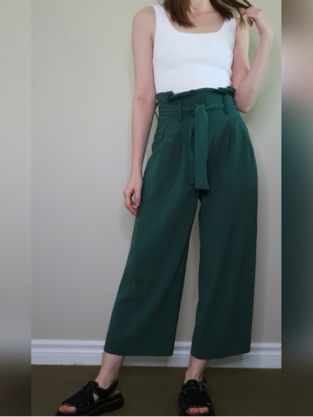 Babaton Forest Green High-Waist Paperbag Wide Leg Pants